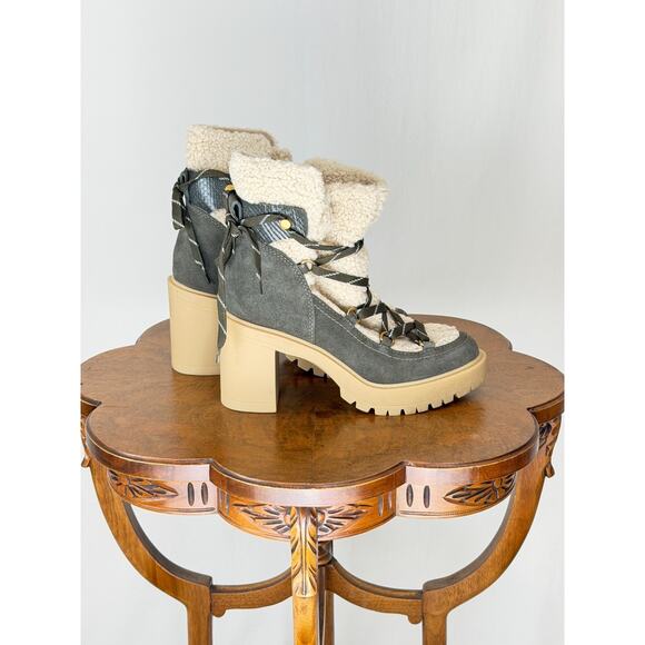 Dolce Vita Sherpa Lined Lace Up Gray/Brown Boot 3.5" Heel Womens 7.5 #0143C - Picture 6 of 12